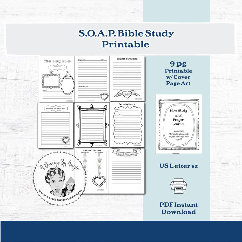 Black and white printable Bible study pages with decorative frames and text. Includes pages for notes, prayers, and journaling