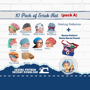 Scrub Cap Pattern 10 Pack Sewing Instructions Bouffant Mens Tieback Ponytail Womens Scrub Cap Long and Short Hair w/Nurse pouch Pack A