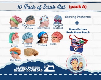 Scrub Cap Pattern 10 Pack Sewing Instructions Bouffant Mens Tieback Ponytail Womens Scrub Cap Long and Short Hair w/Nurse pouch Pack A