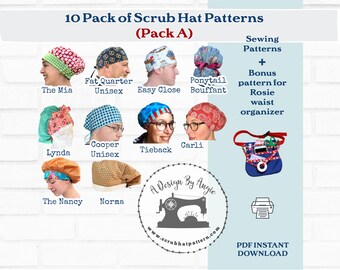 Patrón de gorro quirúrgico, paquete de 10, instrucciones de costura, gorro quirúrgico para hombre con coleta y cabello largo y corto con bolsa de enfermera, paquete A.