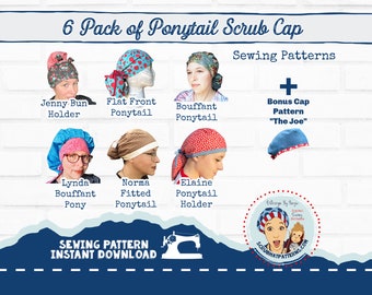 Ponytail Scrub Cap Pattern 6 Pack Sewing Pattern Bundle with High Bun Scrub Hat Bouffant Surgical Cap For Long Hair PDF Instant Download