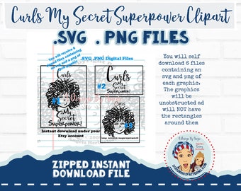 Curly Hair SVG PNG Curls My Secret Super Power Kinky Haired Girl Clipart Graphics 3 pack