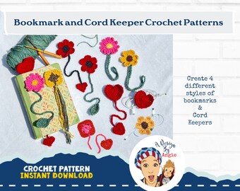 Crochet Bookmark and Cord Keeper Pattern Instructions Hearts Flowers Granny Square