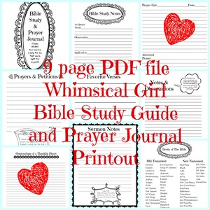 May include: A printable Bible study guide and prayer journal with a whimsical design. The pages feature lined sections for notes, prayers, and scripture verses. The cover features a red heart and the text "Bible Study Guide and Prayer Journal Printout".