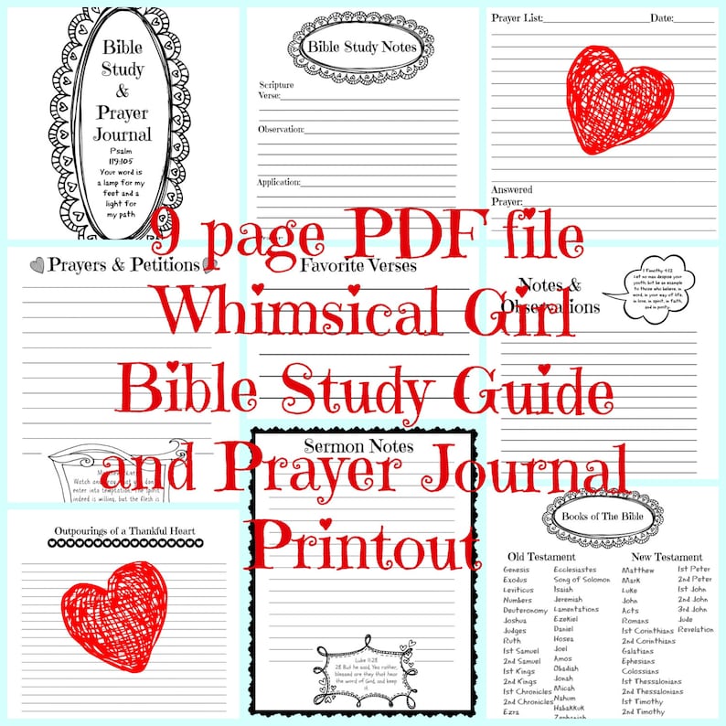 May include: A printable Bible study guide and prayer journal with a whimsical design. The pages feature lined sections for notes, prayers, and scripture verses. The cover features a red heart and the text "Bible Study Guide and Prayer Journal Printout".
