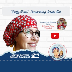 Scrub Cap Sewing Pattern Tutorial PDF Puffy Pixie Drawstring Tieback Surgical Nurse Scrub Cap Sewing Instructions PDF and video