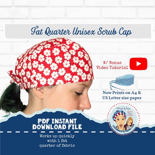 Surgical Scrub Cap Sewing Pattern PDF A4 Fat Quarter Scrub Hat Tutorial with Video