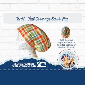 Scrub Hat Sewing Pattern Scrub Cap Chef's Hat pdf SewingTutorial, Instant DOWNLOAD ONLY full coverage Beth A4 Long Hair