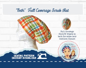 Scrub Hat Sewing Pattern Scrub Cap Chef's Hat pdf SewingTutorial, Instant DOWNLOAD ONLY full coverage Beth A4 Long Hair