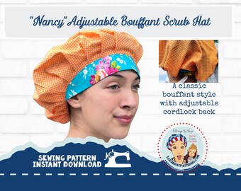 Bouffant Scrub Cap Sewing Pattern Printable PDF Tutorial For Fully Adjustable Nancy Scrub Hat with Cord Lock