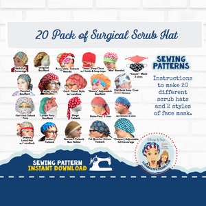 Scrub Hat Sewing Pattern 20 Pack DIY Downloadable PDF Sewing Instructions Tutorial Bouffant Men's Tieback Pixie Ponytail Pony Cap Face masks
