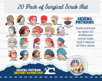 Scrub Hat Sewing Pattern 20 Pack DIY Downloadable PDF Sewing Instructions Tutorial Bouffant Men's Tieback Pixie Ponytail Pony Cap Face masks