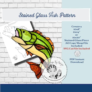 May include: A stained glass fish pattern in green, yellow, and orange. The pattern is for a 10x8 inch, 11x14 inch, or 16x20 inch stained glass piece. The pattern includes an AO copy shop file and an SVG cut file. The text "Create a 10x8" 11x14" or 16x20" Stained Glass Piece AO Copy Shop File Included SVG Cut File Included PDF Instant Download" is on the image.