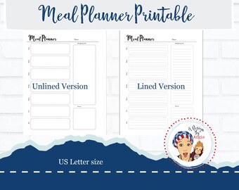 Meal Planner Printable Lined and Unlined versions 8.5x11 US Letter Size for Meal Planning w/ Shopping List PDF Download