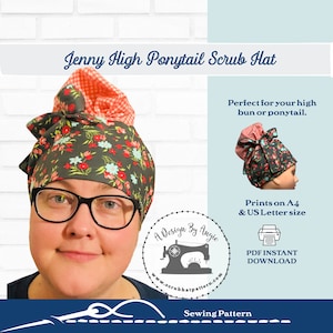 Hoge knot paardenstaart scrubmuts naaipatroon PDF DOWNLOAD om een chirurgische scrubmuts te maken voor je knotje Jenny