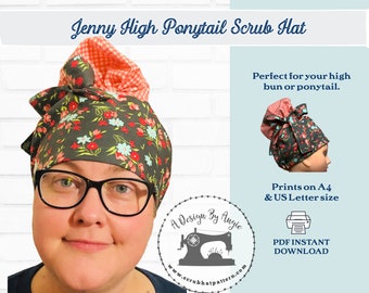 May include: A sewing pattern for a high ponytail scrub hat. The hat is made of a floral fabric with a red and white checkered fabric on top. The pattern is available in A4 and US Letter sizes. The text "A Design By Angie" and "www.scrubhatpattern.com" is printed on a circle with a sewing machine graphic. The text "Sewing Pattern" is printed below the circle.
