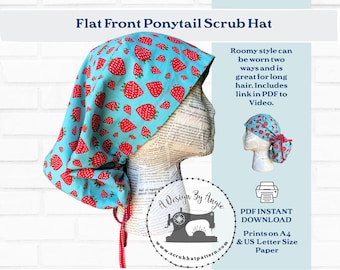 Ponytail Scrub Cap Pattern Sewing Tutorial For Flat Front Ponytail Scrub Hat w/Video pdf download Large hat for long hair dred locs