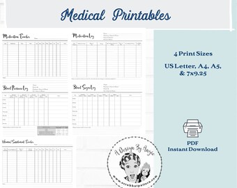 Medical Planner Printables Blood Sugar Blood Pressure Medication Tracker Vitamin Supplement Log PDF File For Planner
