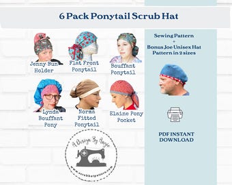 Cartamodello per cuffia chirurgica con coda di cavallo, confezione da 6 modelli di cucito con cuffia chirurgica alta per chignon, cuffia chirurgica a cuffia per capelli lunghi, download immediato in formato PDF.