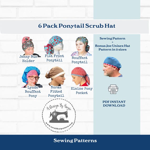 Ponytail Scrub Cap Pattern 6 Pack Sewing Pattern Bundle with High Bun Scrub Hat Bouffant Surgical Cap For Long Hair PDF Instant Download