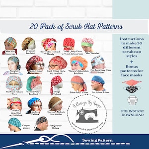 Surgical Cap Sewing Pattern PDF 20 Pack Downloadable Sewing Instructions Tutorial Bouffant Men's Tieback Pixie Ponytail Dental Cap