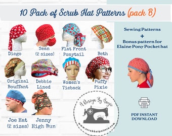 Scrub Cap Pattern 10 Pack PDF Sewing Instructions Bouffant Mens Tieback Ponytail Womens Scrub Cap Long and Short Hair Bonus Hat Pack B