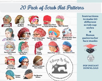 Scrub Hat Sewing Pattern 20 Pack DIY Downloadable PDF Sewing Instructions Tutorial Bouffant Men's Tieback Pixie Ponytail Pony Cap Face masks