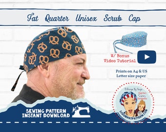 Scrub Cap Sewing Pattern Fat Quarter Surgical Scrub Hat Sewing Pattern PDF Download for Men's Unisex Tieback Scrub Cap w/ Video Doctor Gift