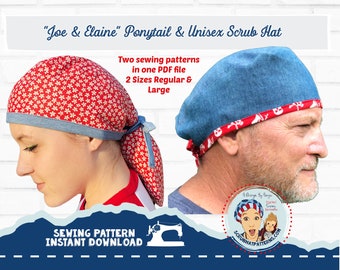 Scrub Cap Unisex Tieback Scrub Hat and Ponytail Pouch 2 Pack PDF SEWING PATTERN Men's and Womens surgical Hats