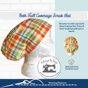 Scrub Hat Sewing Pattern Scrub Cap Chef's Hat pdf SewingTutorial, Instant DOWNLOAD ONLY full coverage Beth A4 Long Hair