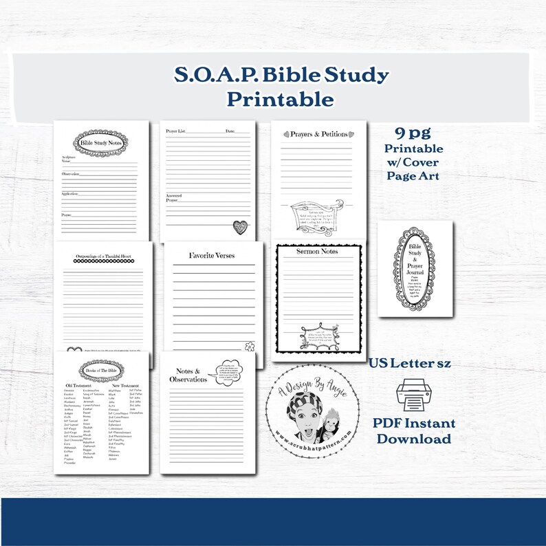 Printable Bible study journal with a black and white cover design. The journal includes pages for notes, prayers, and sermon notes. The text on the cover reads "Bible Study & Prayer Journal".