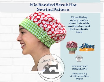 Surgical Scrub Cap Sewing Pattern Tutorial Pixie Hat w/ Contrast Band Optional Cordlock DOWNLOAD Mia PDF Nurse Gift
