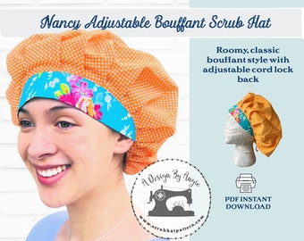 Bouffant Scrub Hat Sewing Pattern Printable PDF Tutorial For Fully Adjustable Nancy Scrub cap with Cord Lock