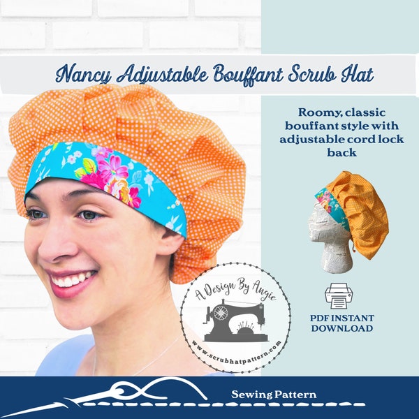 Bouffant Scrub Hat Sewing Pattern Printable PDF Tutorial For Fully Adjustable Nancy Scrub cap with Cord Lock