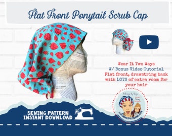 Ponytail Scrub Cap Sewing Pattern Flat Front with Video pdf download Tutorial Template Wear Two Ways A4 For LONG HAIR