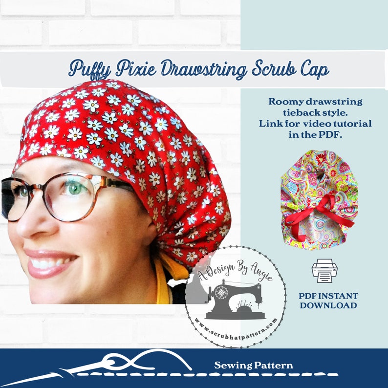 Very roomy scrub hat sewing pattern with drawstring ties in back.