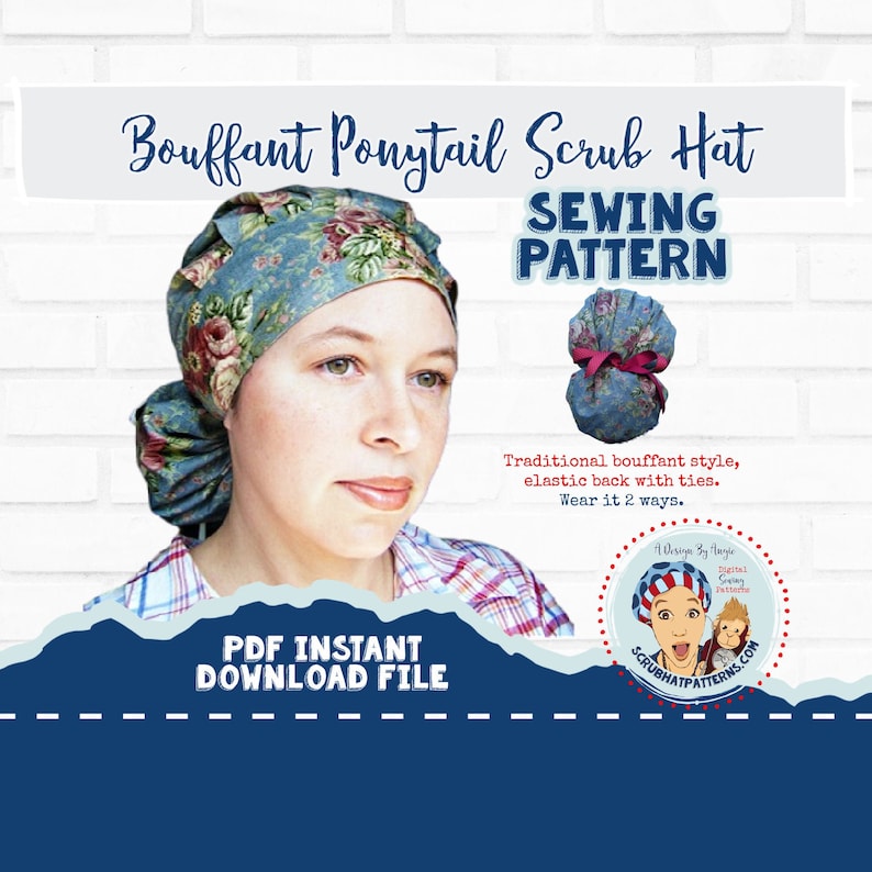 Scrub Hat Sewing Pattern tutorial DIY Ponytail Bouffant Scrub Etsy