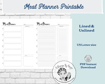 Meal Planner Printable Lined and Unlined versions 8.5x11 US Letter Size for Meal Planning w/ Shopping List PDF Download