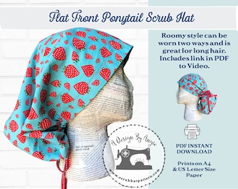 Ponytail Scrub Cap Sewing Pattern Flat Front with Video pdf download Tutorial Template Wear Two Ways A4 For LONG HAIR