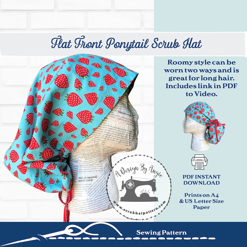 Very Roomy Ponytail scrub cap sewing patternfor LONG hair that can be worn tied backwith drawstring for aponytail or tieback scrub hat style. Print out sewing pattern at home.