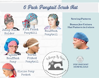 May include: A set of six ponytail scrub hat sewing patterns, including a bonus Joe unisex hat pattern in two sizes. The patterns are shown with different styles of hats, including a jenny bun holder, flat front ponytail, bouffant ponytail, lynda bouffant pony, norma fitted ponytail, and elaine pony pocket. The patterns are available as a PDF instant download. The image also includes a logo for A Design By Angie, with the website address www.scrubhatpattern.com.