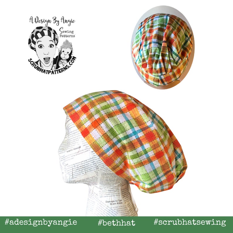 May include: A green, orange, and white plaid scrub hat with a gathered top. The hat is on a mannequin head. The text #adesignbyangie, #bethhat, and #scrubhatsewing is at the bottom of the image.