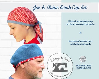 Scrub Cap Unisex Tieback Scrub Hat and Ponytail Pouch 2 Pack PDF SEWING PATTERN Men's and Womens surgical Hats