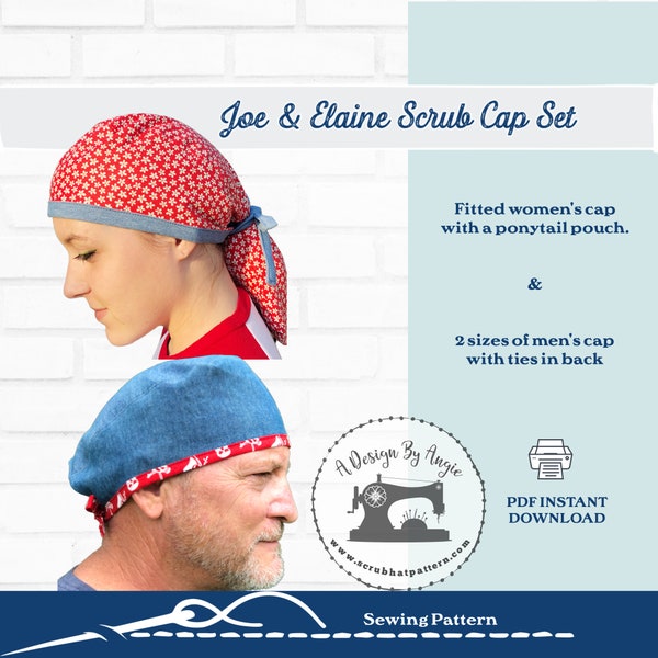 Scrub Cap Unisex Tieback Scrub Hat and Ponytail Pouch 2 Pack PDF SEWING PATTERN Men's and Womens surgical Hats