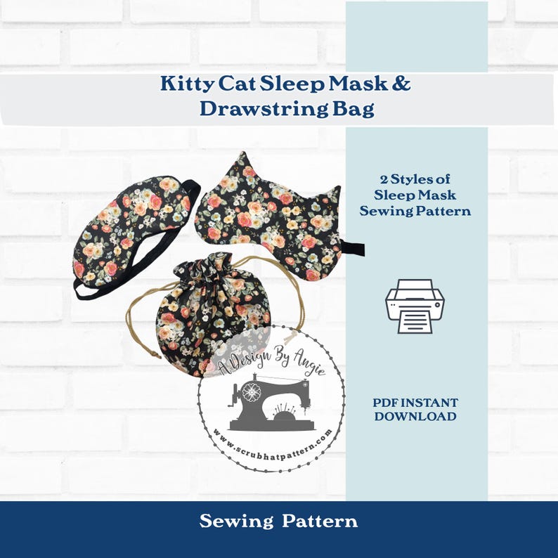 sewing pattern to make a cat shaped sleep mask, regular lined sleep mask, and a drawstring jewelry/makeup bag. Print sewing pattern at home