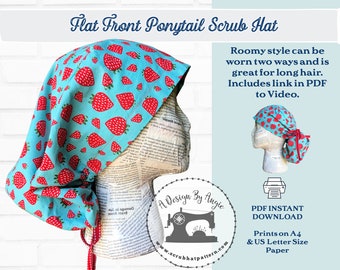 Ponytail Scrub Cap Pattern Sewing Tutorial For Flat Front Ponytail Scrub Hat w/Video pdf download Large hat for long hair dred locs