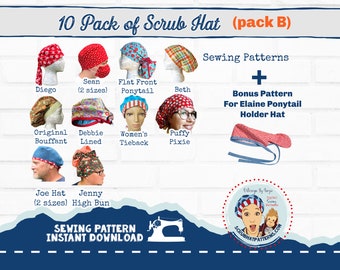 Scrub Cap Pattern 10 Pack PDF Sewing Instructions Bouffant Mens Tieback Ponytail Womens Scrub Cap Long and Short Hair Bonus Hat Pack B