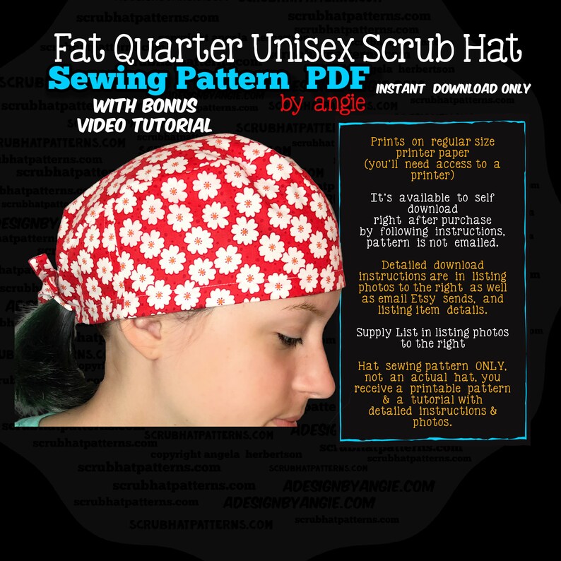 Surgical Scrub Cap Sewing Pattern PDF Fat Quarter Scrub Hat Etsy