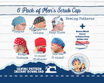 6 pack of Mens Unisex Surgical Scrub Cap Hat Sewing Patterns plus Bonus Pattern PDF Download Tutorial