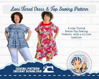 Smock Dress Sewing Pattern and Boho Blouse w/ Flutter Sleeves, Tiered Panel and Hi Lo Hem Line